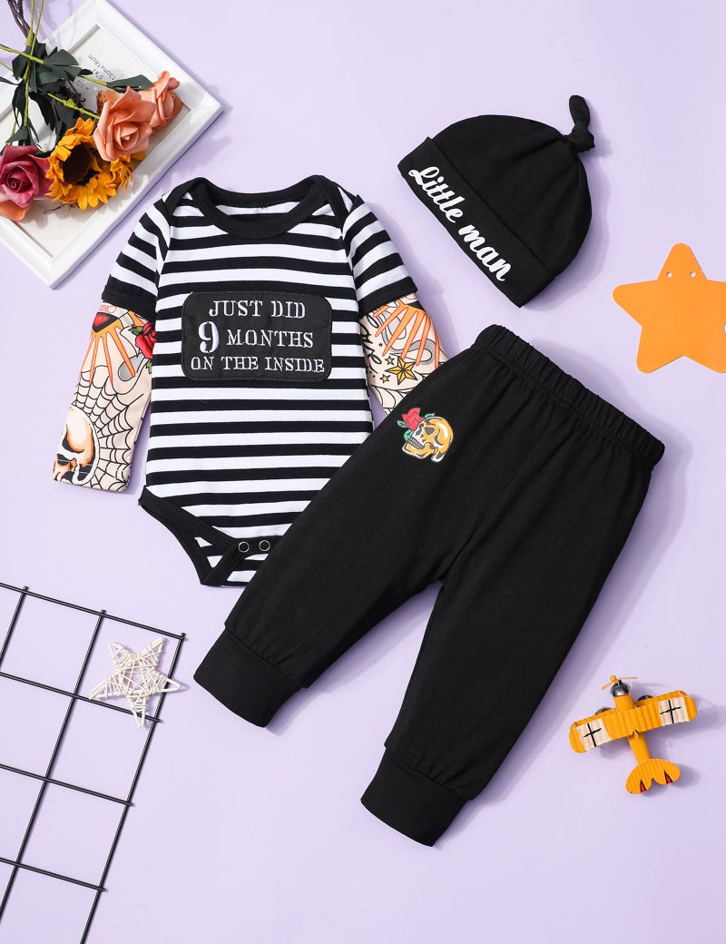 Fommy Baby Boy Clothes 0-3 Months Fake Tattoo Sleeve Just Did 9 Months On The Inside Funny Baby Romper Rockabilly Bodysuits +Little Man Hat + Skull Pant 3PCS Outfits Set - Image 4